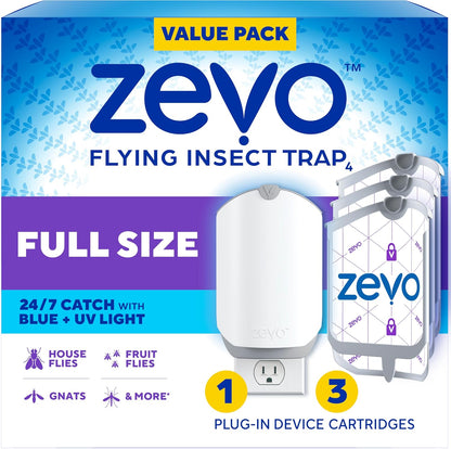 Zevo Flying Insect Trap & 3 Refill Cartridges - Plug in Fly Trap & Indoor Bug Catcher for Gnats, House & Fruit Flies - Blue & UV Light