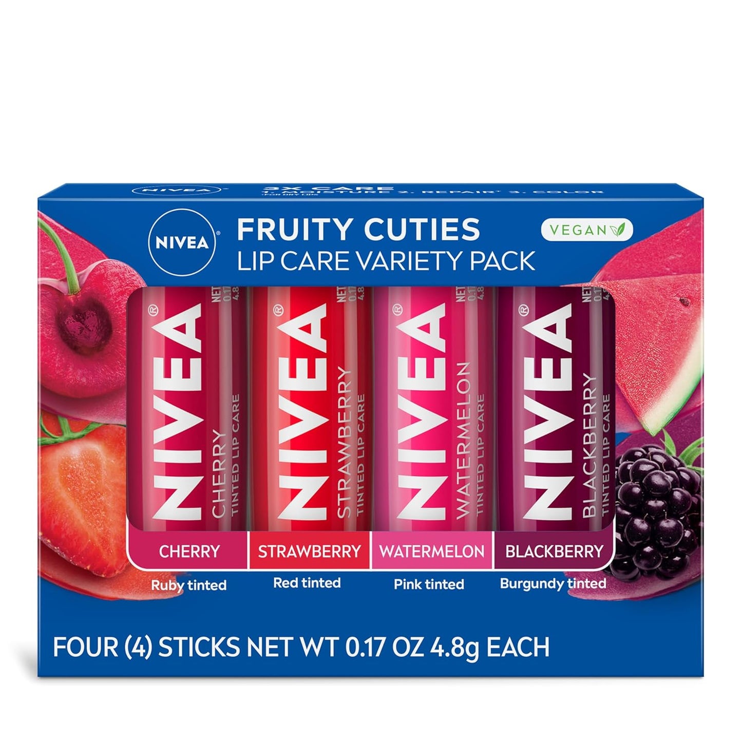 NIVEA Lip Care, Fruity Tinted Lip Balm Variety Pack, Cherry, Strawberry, Blackberry and Watermelon Flavors, 3-in-1 Moisture, Repair and