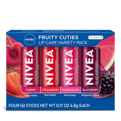 NIVEA Lip Care, Fruity Tinted Lip Balm Variety Pack, Cherry, Strawberry, Blackberry and Watermelon Flavors, 3-in-1 Moisture, Repair and