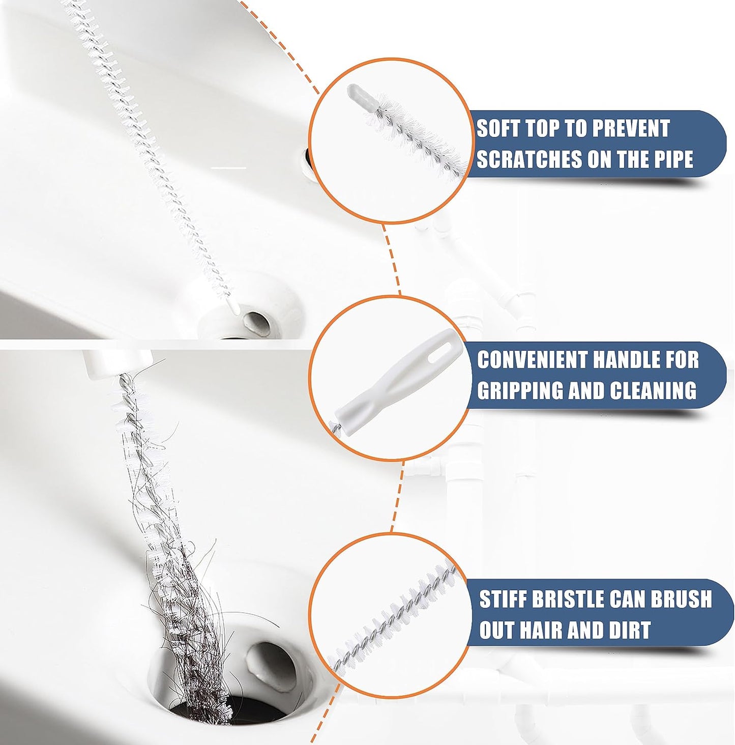 35.5inch Drain Clog Remover(1pcs), 25inch Drain Snake Hair Remover(6pcs) Cleaning Brush(2pcs), Hair Catcher Drain Auger Cleaner Tool Set For