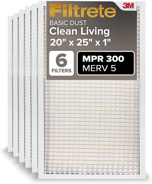 Filtrete 20x25x1 Air Filter MERV 5, 6-Pack AC Furnace HVAC Filters for Home, MPR 300 Basic Dust