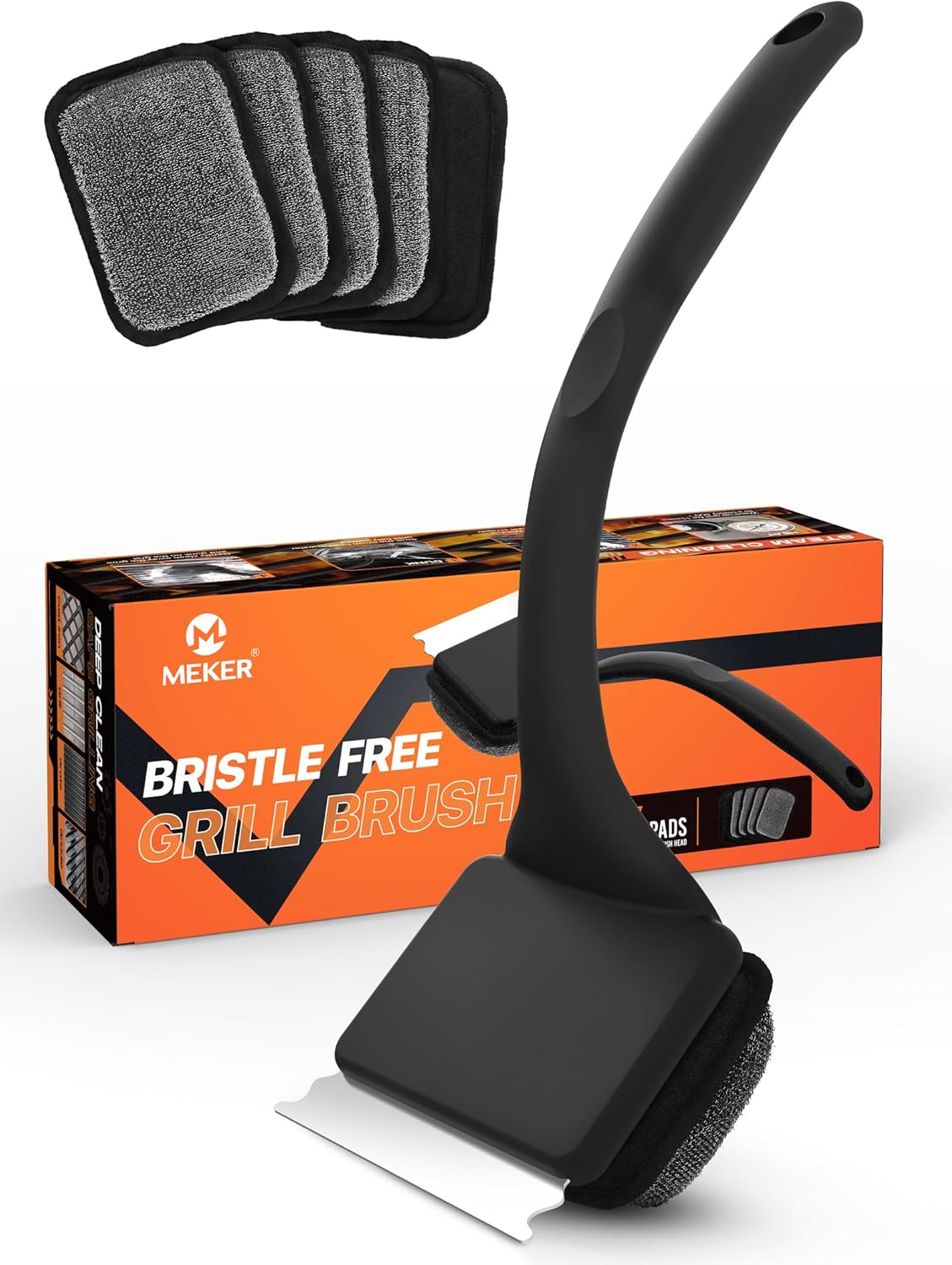 MEKER Grill Brush Bristle Free, Grill Cleaner Brush with 5 BBQ Replacement Head for Cast Iron, Stainless Steel