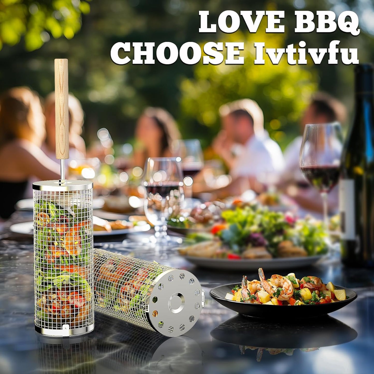 ivtivfu Rolling Grill Basket, Removable Wooden Handle, 304 Stainless Steel, Nesting BBQ Tools, Smoker Grilling Accessories for