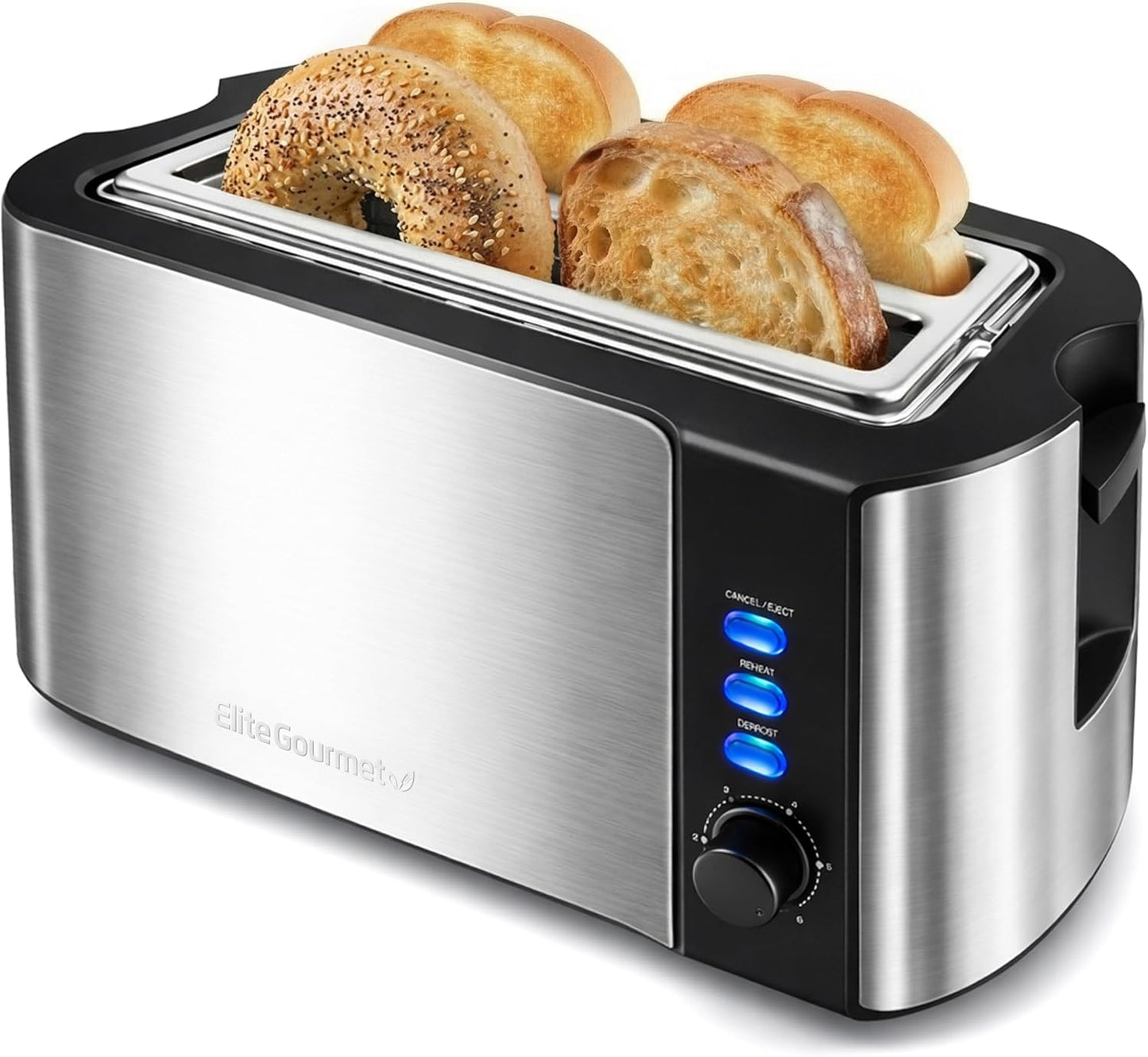 Elite Gourmet ECT-3100 4-Slice Long Slot Toaster, Extra Wide Slots for Bagels, Sourdough & Texas Toast, 6 Browning Settings, Reheat, Defrost &