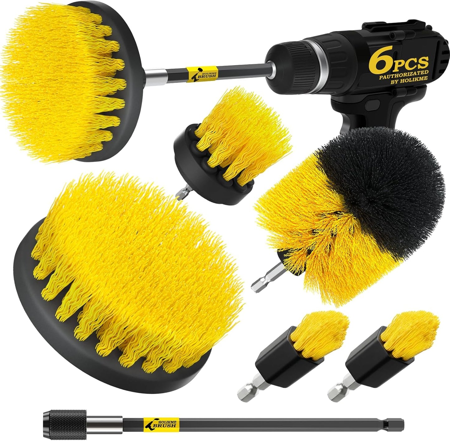 Holikme 6Pack Drill Brush Power Scrubber Cleaning Brush Extended Long Attachment Set All Purpose Drill Scrub Brushes Kit for Grout, Floor