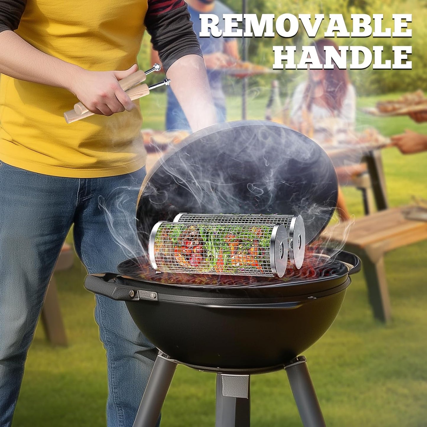 ivtivfu Rolling Grill Basket, Removable Wooden Handle, 304 Stainless Steel, Nesting BBQ Tools, Smoker Grilling Accessories for