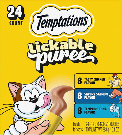 Temptations Creamy Puree Squeezable Lickable Cat Treats, Wet Cat Treats with Chicken, Salmon, and Tuna Variety Pack, 0.42 oz. Tubes, 24 Count