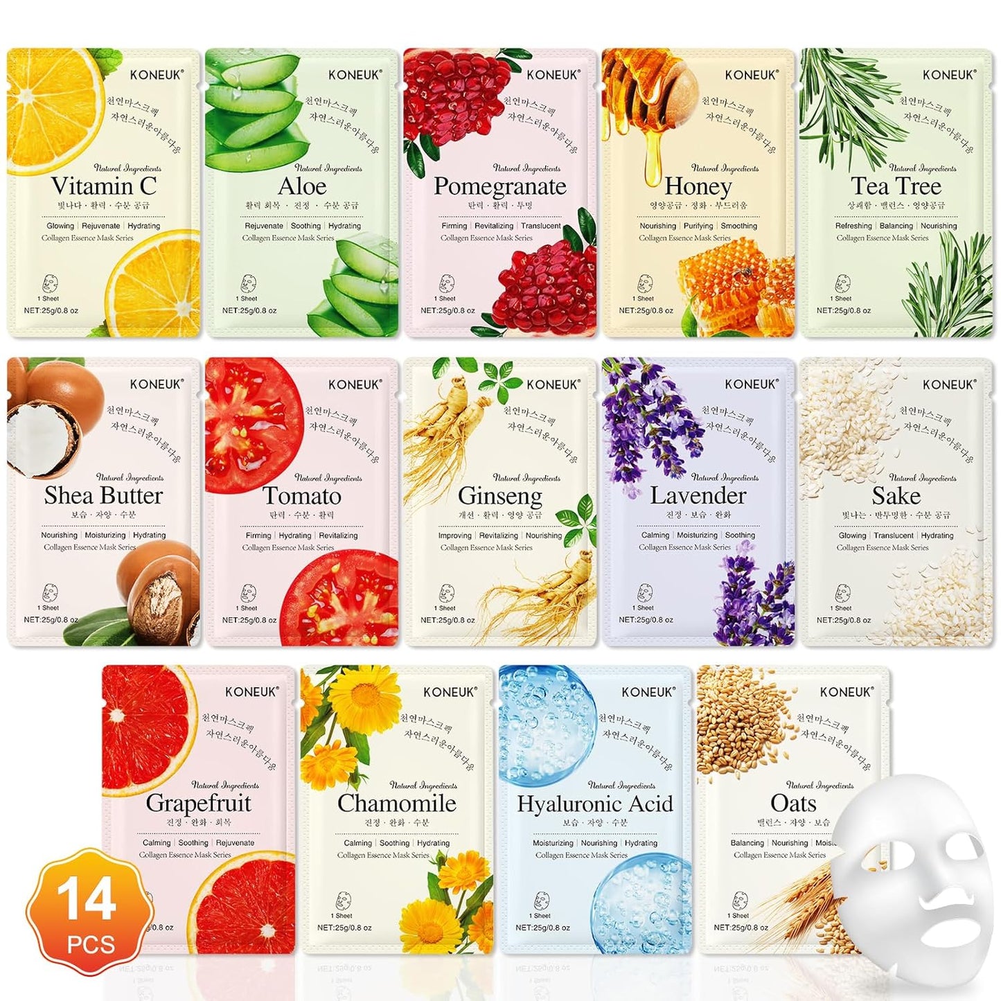 KONEUK 14 Pack Sheet Face Masks Skincare, Hydrating Face Masks Suitable for Dry Skin, Bulk Facial Mask Set for Women Skin