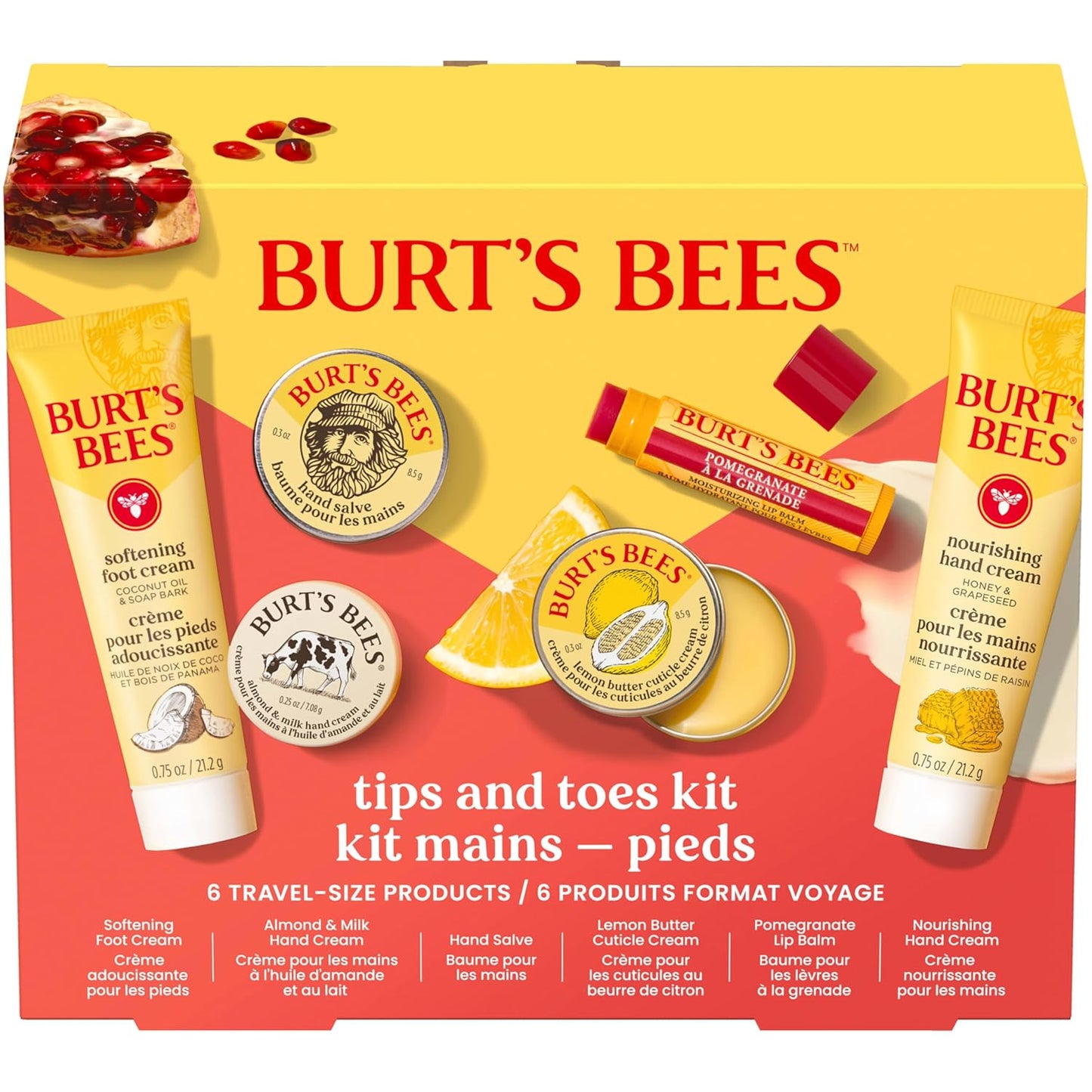Burt's Bees Gifts Ideas, Tips and Toes Kit, 6 Travel Size Products - Pomegranate Moisturizing Lip Balm, 2 Hand Creams, Foot Cream, Cuticle