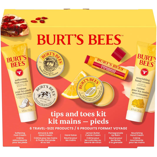 Burt's Bees Gifts Ideas, Tips and Toes Kit, 6 Travel Size Products - Pomegranate Moisturizing Lip Balm, 2 Hand Creams, Foot Cream, Cuticle