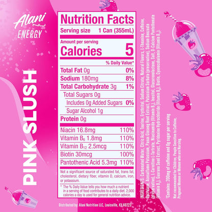 Alani Nu PINK SLUSH, Sugar Free, Low Calorie Energy Drinks, 200mg Caffeine, Biotin, B Vitamins, Zero Sugar, 10 Calories, 12 Fl Oz Cans, 12 Pack