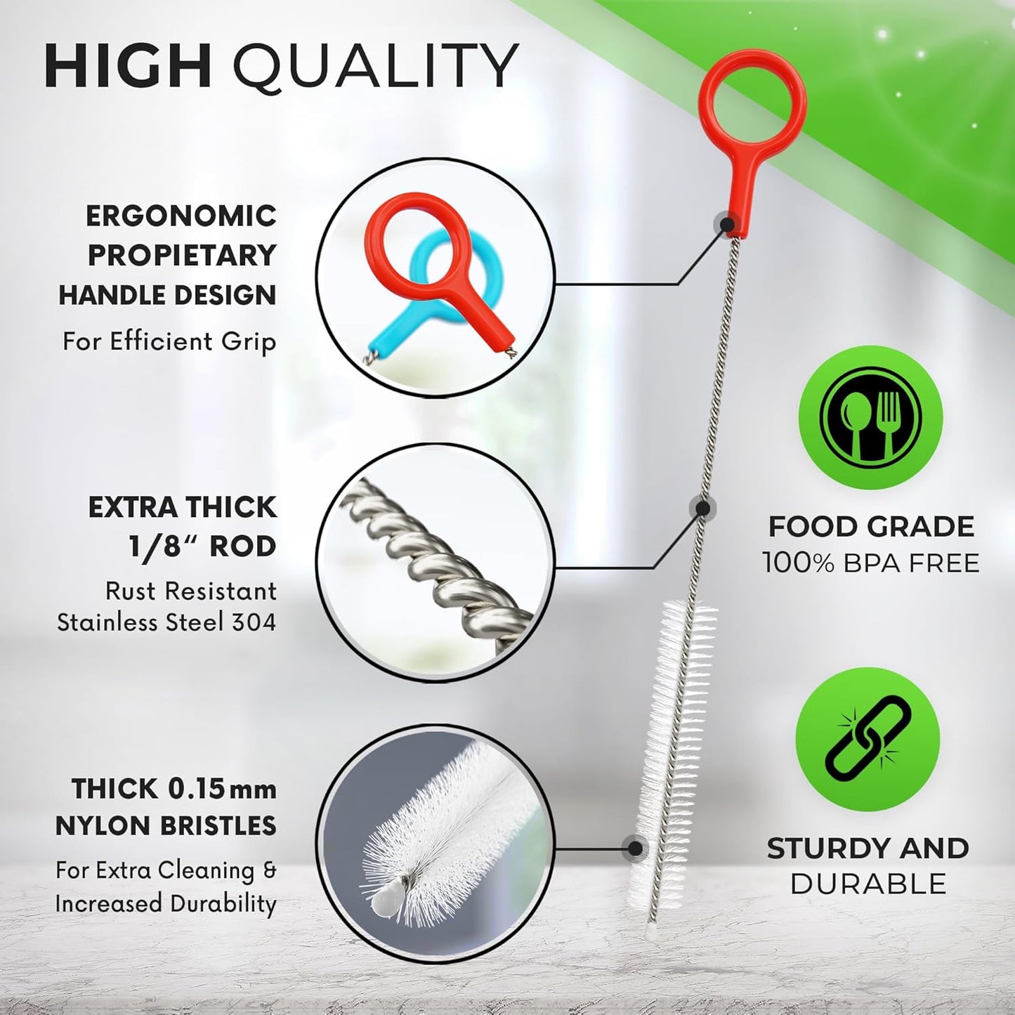 Buenalife Heavy Duty Cleaning Brushes Set of 4 - Extra Long Straw Cleaners for Metal and Plastic Reusable Drinking Straws, to Clean Small