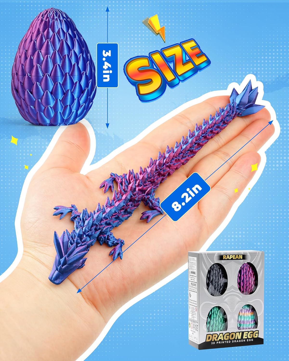 Rapean 8" 3D Printed Dragon Eggs, Easter Basket Stuffers for Kids and Teens, Articulated Dragon Toys for