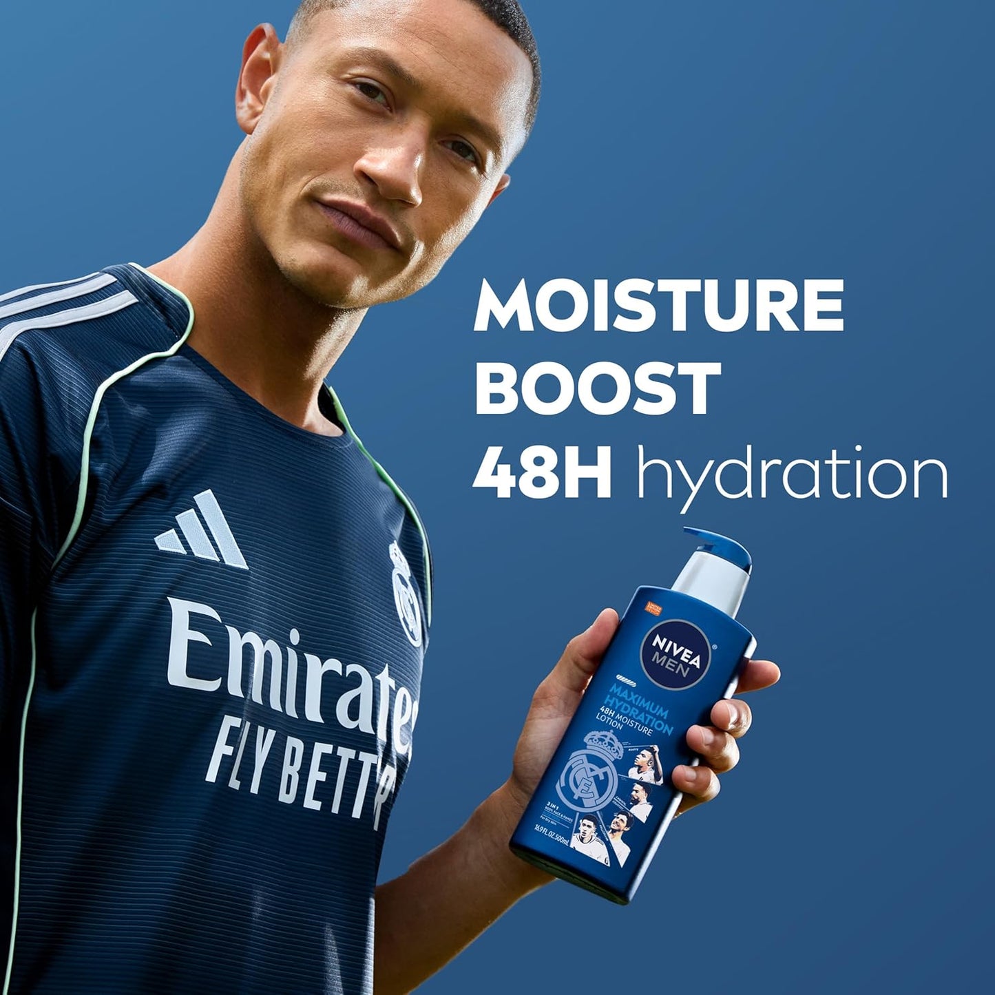 NIVEA MEN Real Madrid Limited Edition Design Maximum Hydration 48-Hour Moisture Body Lotion for Dry Skin, Aloe Vera Lotion for Men, 3-in-1