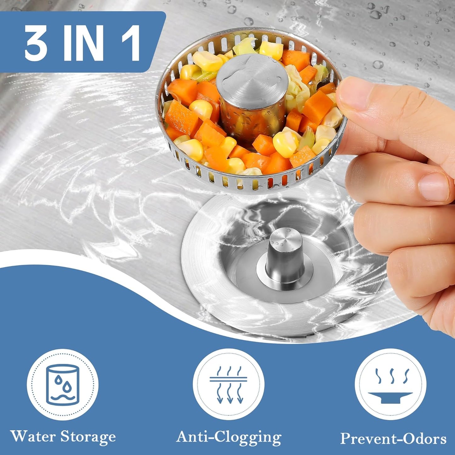 Kitchen Sink Drain Strainer 3 in 1, 304 Stainless Steel Pop Up Sink