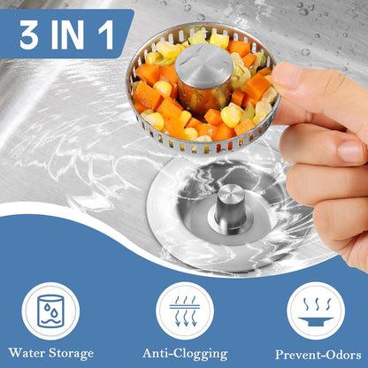 Kitchen Sink Drain Strainer 3 in 1, 304 Stainless Steel Pop Up Sink