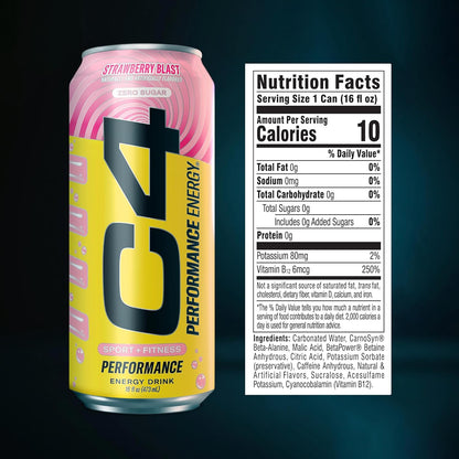C4 Performance Energy Drink, Strawberry Blast, Zero Sugar Carbonated Preworkout Energy, 200mg Caffeine with Beta Alanine, 16 Fl Oz (12 Pack)