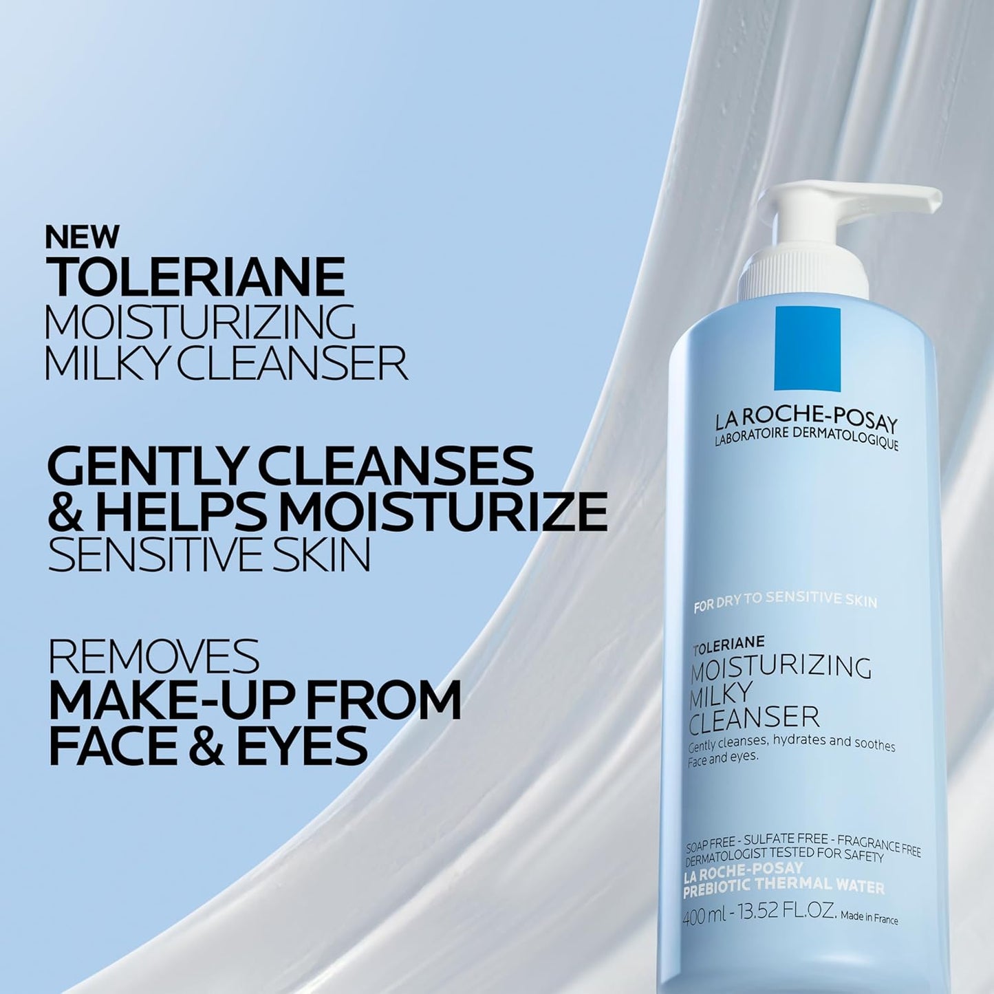 La Roche-Posay Toleriane Moisturizing Milky Cleanser, Gentle Face Cleanser with Glycerin for Dry, Sensitive & Allergy-Prone