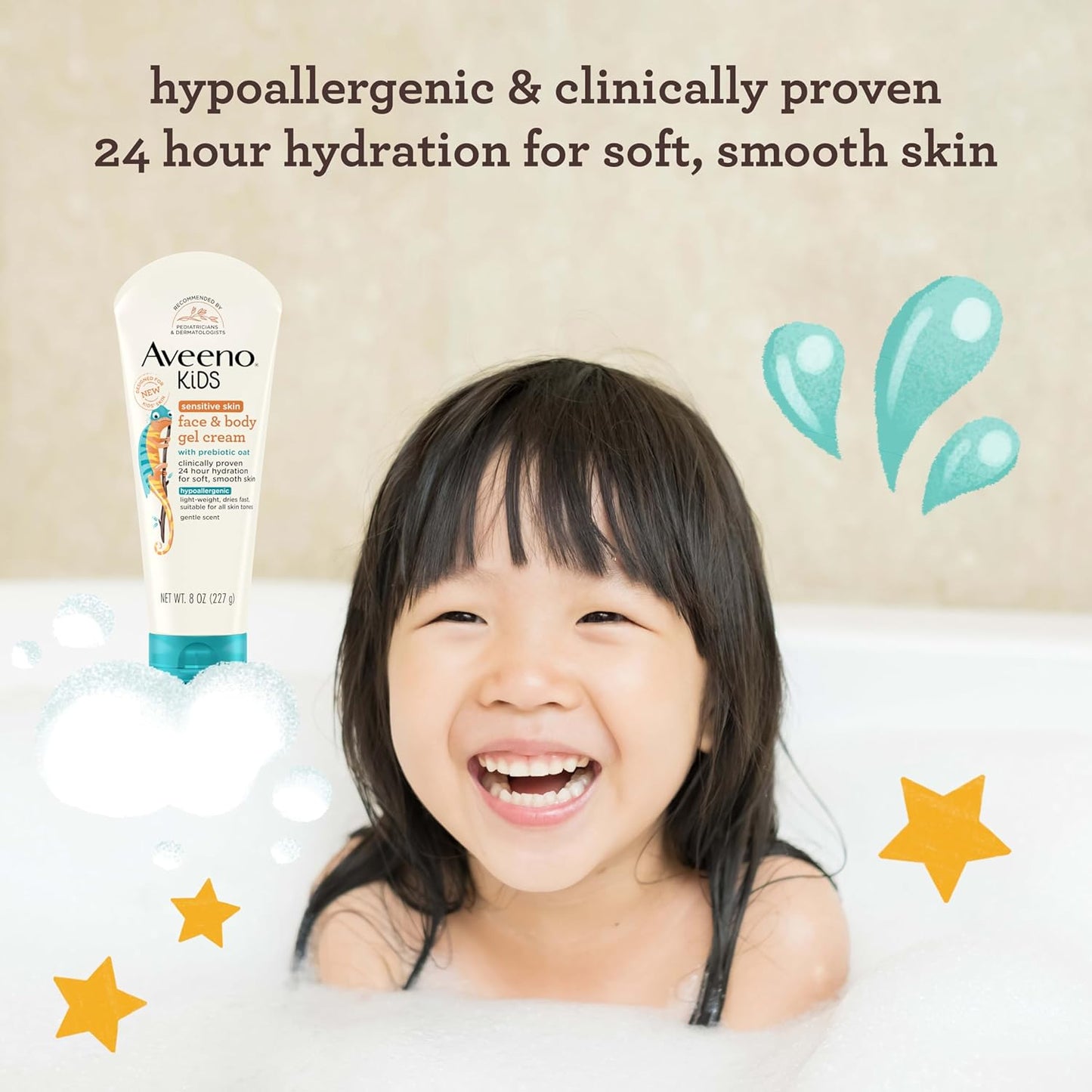 Aveeno Sensitive Skin Face & Body Gel Cream for Kids with Prebiotic Oat, Clinically Proven 24 Hour Hydration for Soft
