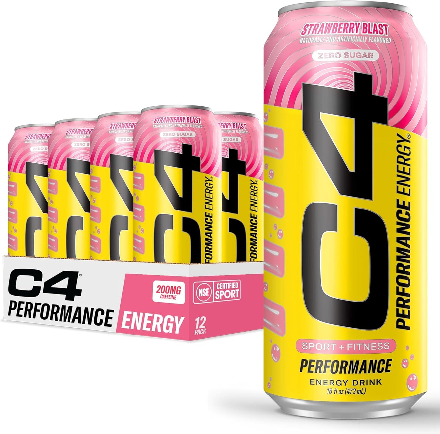 C4 Performance Energy Drink, Strawberry Blast, Zero Sugar Carbonated Preworkout Energy, 200mg Caffeine with Beta Alanine, 16 Fl Oz (12 Pack)