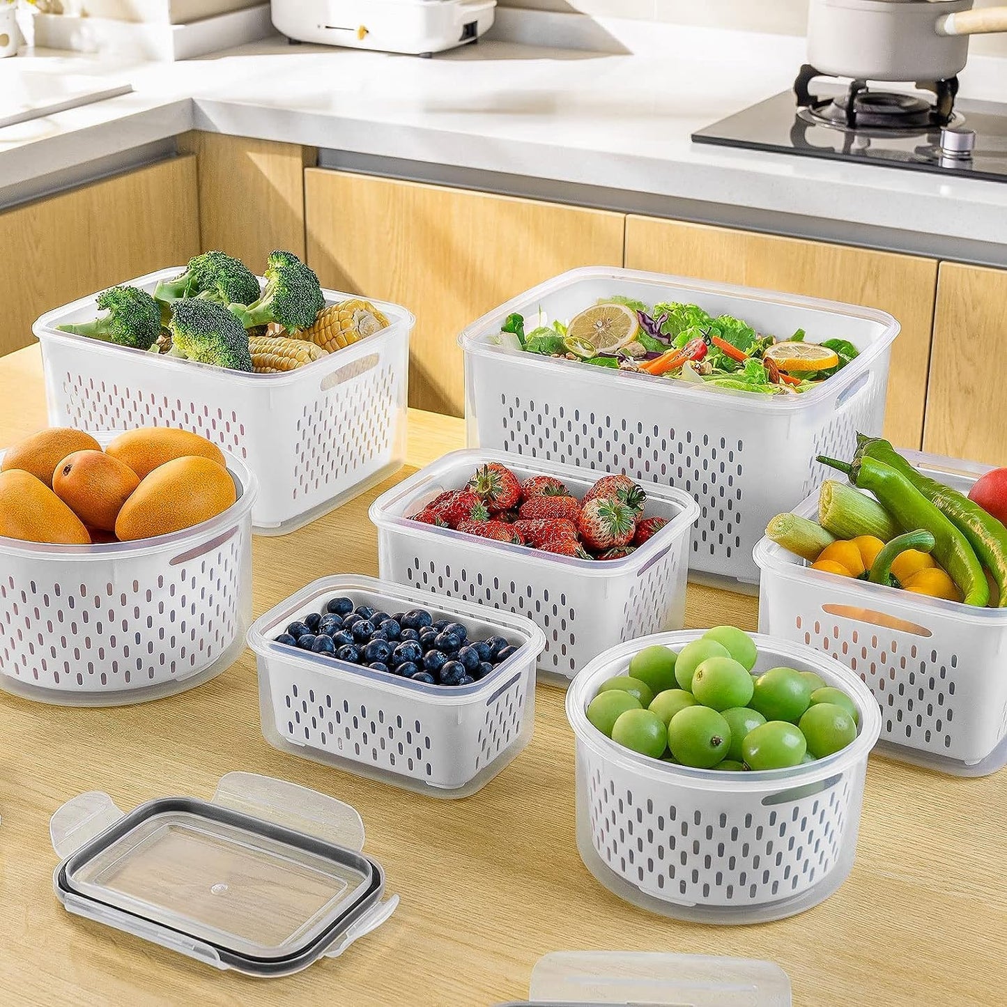 Freshmage Fruit Storage Containers for Fridge with Removable Colander, Airtight Food Storage