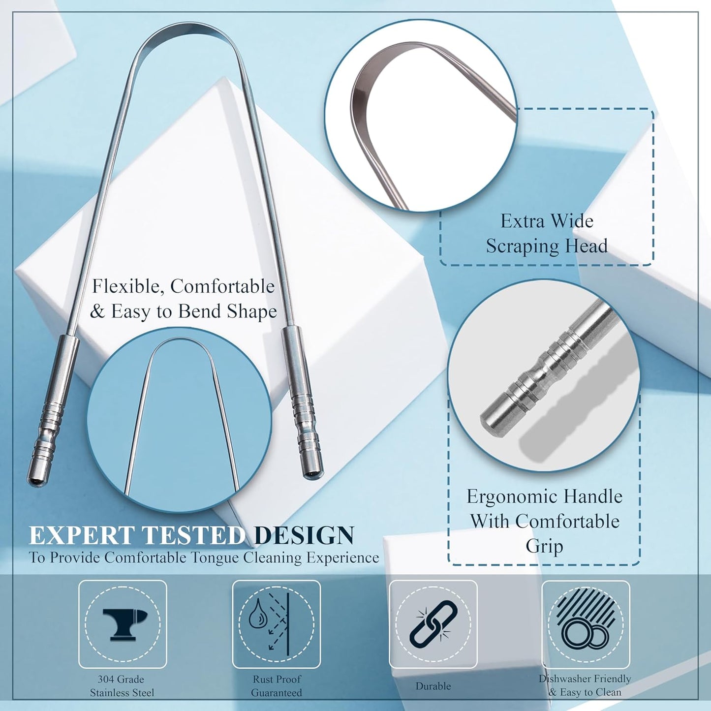 MasterMedi Tongue Scraper for Adults with Multicolor Travel Cases (2 Pack), 100% Stainless Steel, Reduce Bad Breath, Tongue Scrubber, Easy to