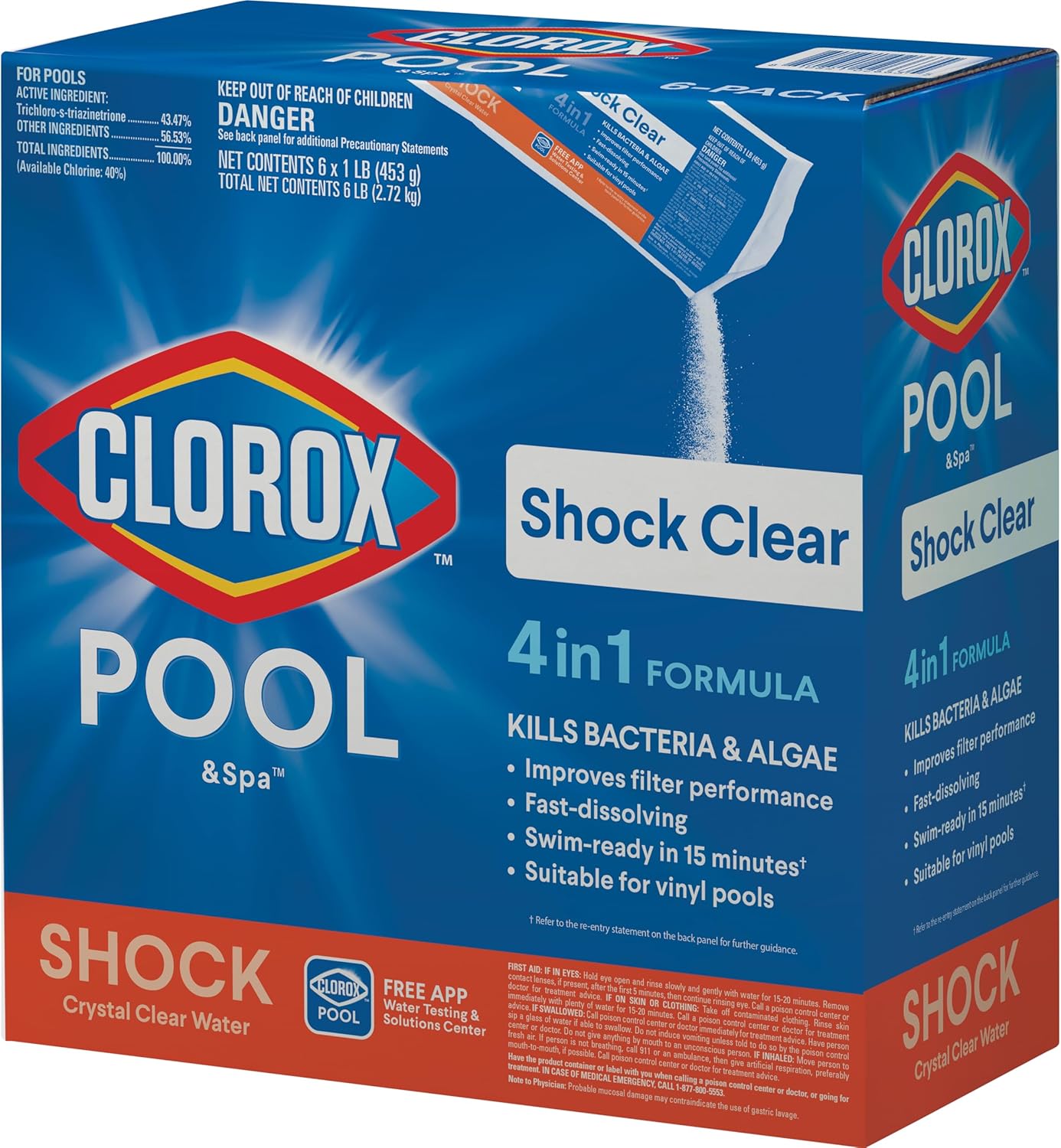 Clorox Pool&Spa Shock Clear, for Crystal Clear Swimming Pool Water, Swim-ready in 15 minutes, Suitable for vinyl pools (6-Pack)