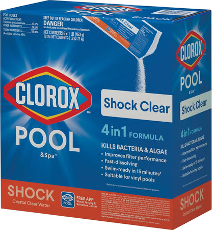 Clorox Pool&Spa Shock Clear, for Crystal Clear Swimming Pool Water, Swim-ready in 15 minutes, Suitable for vinyl pools (6-Pack)
