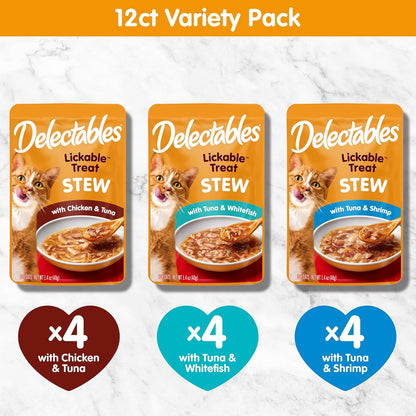 Delectables Lickable Treat Stew Wet Cat Treat Variety Pack, Food Topper, Hydrating, Grain-Free, No Fillers, No By-Products, No Added