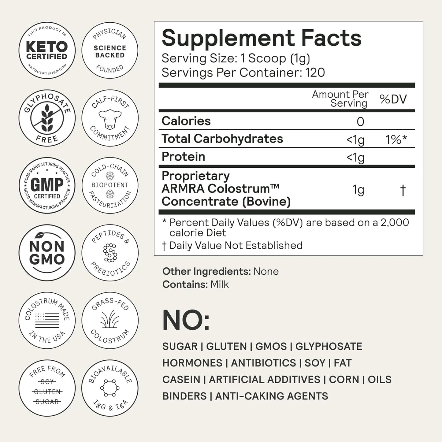ARMRA Colostrum Powder, Unflavored, Gut Health & Bloating, Skin & Hair, Immunity, Keto, Gluten & Fat-Free, 120 Servings
