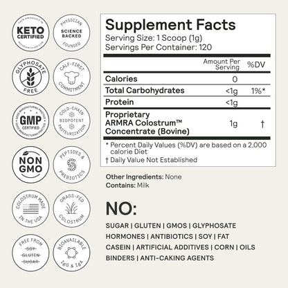 ARMRA Colostrum Powder, Unflavored, Gut Health & Bloating, Skin & Hair, Immunity, Keto, Gluten & Fat-Free, 120 Servings