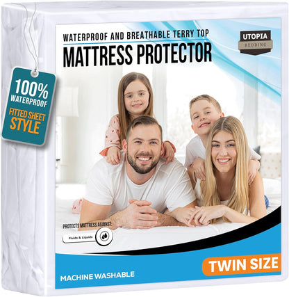 Twin Size Mattress Protector Waterproof, Premium 200 GSM Terry Mattress Cover, Soft & Breathable Bed