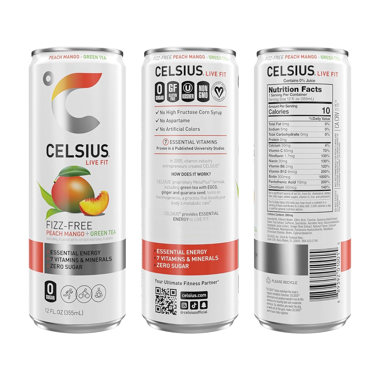 CELSIUS Fizz Free Peach Mango Green Tea, Sugar Free Energy Drink, 12 Fl Oz (2)