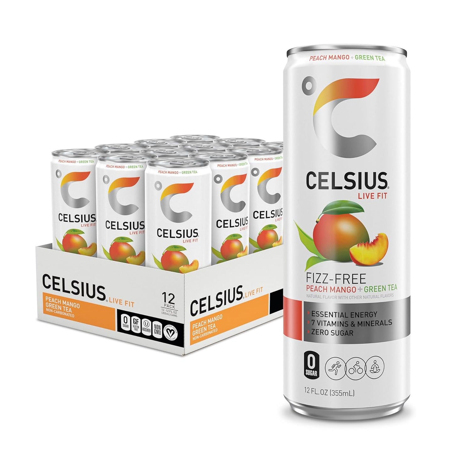 CELSIUS Fizz Free Peach Mango Green Tea, Sugar Free Energy Drink, 12 Fl Oz (2)