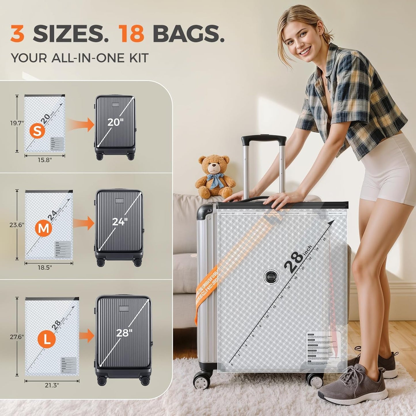 Nicetree 18-Pack Vacuum Seal Bags with Rechargeable Wireless Pump, 3 Sizes (20/24/28 Inch) Travel Vacuum Storage Bags for