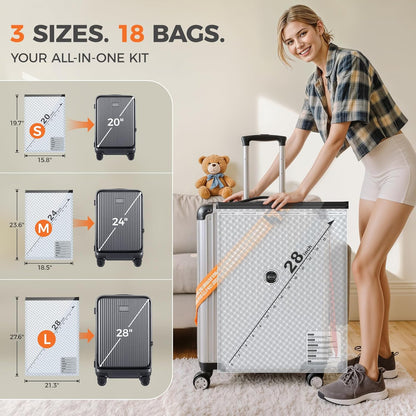 Nicetree 18-Pack Vacuum Seal Bags with Rechargeable Wireless Pump, 3 Sizes (20/24/28 Inch) Travel Vacuum Storage Bags for