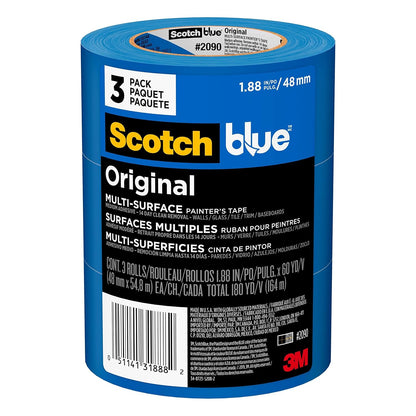 ScotchBlue Original Multi-Surface Painters Tape, 2 Inch Wide (1.88 in. x 60 Yds), 3 Rolls, Blue Paint Tape Protects and Removes