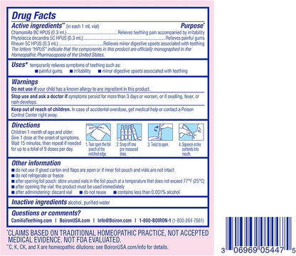 Boiron Camilia Teething Drops for Daytime and Nighttime Relief of Painful or Swollen Gums and Irritability in Babies - 40 Liquid Droppers Bundled in