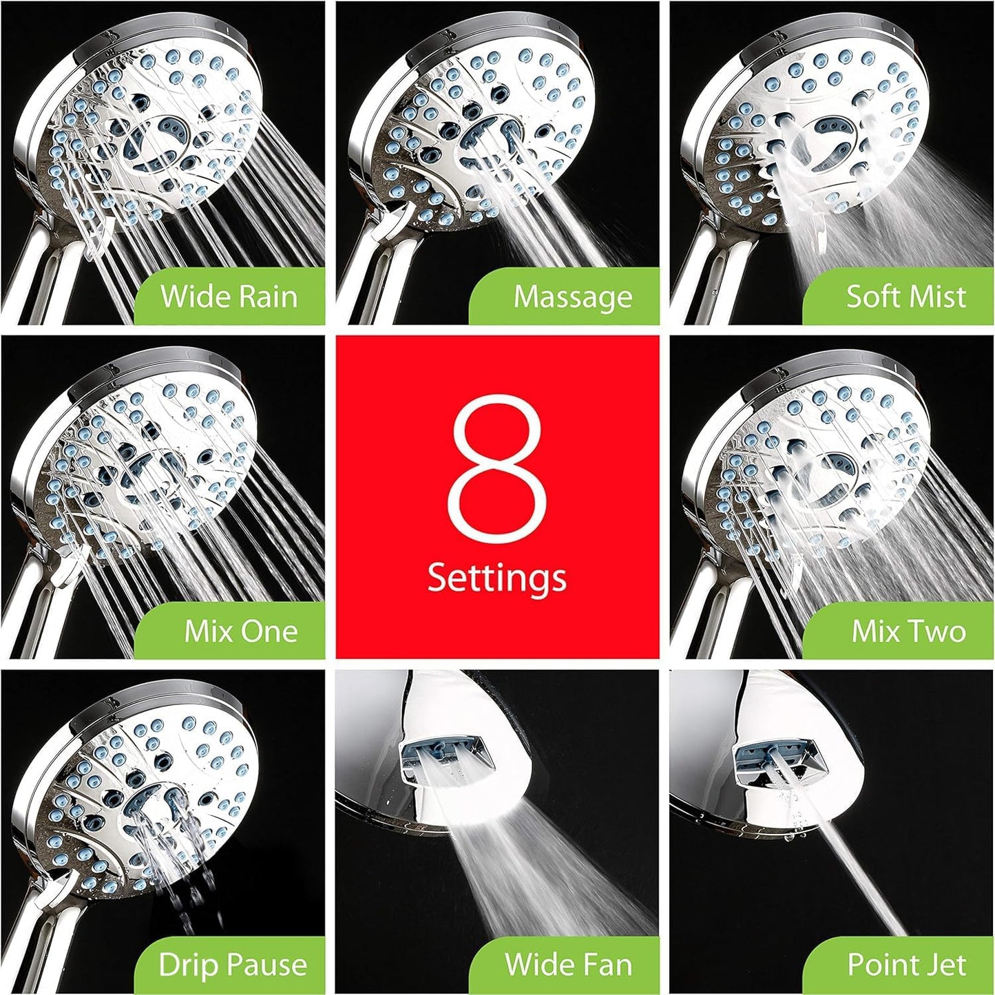 AquaCare High Pressure 8-mode Handheld Shower Head - Anti-clog Nozzles, Built-in Power Wash to Clean Tub, Tile &