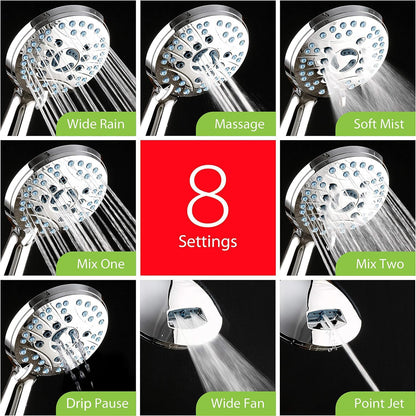 AquaCare High Pressure 8-mode Handheld Shower Head - Anti-clog Nozzles, Built-in Power Wash to Clean Tub, Tile &