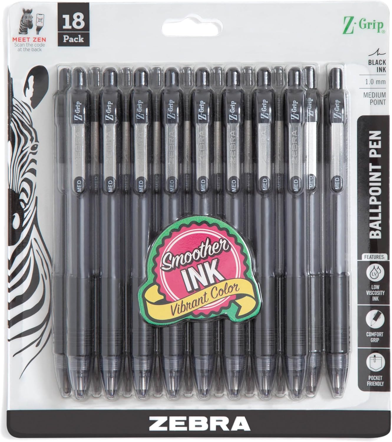 Zebra Pen Z-Grip Retractable Ballpoint Pen, Smooth-Flowing Black Ink, 1.0mm Medium Point, School & Office Supplies, Ideal for