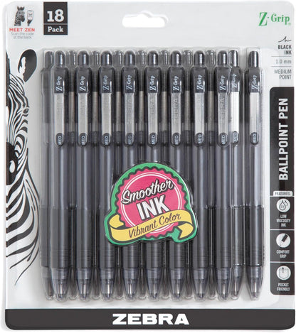Zebra Pen Z-Grip Retractable Ballpoint Pen, Smooth-Flowing Black Ink, 1.0mm Medium Point, School & Office Supplies, Ideal for