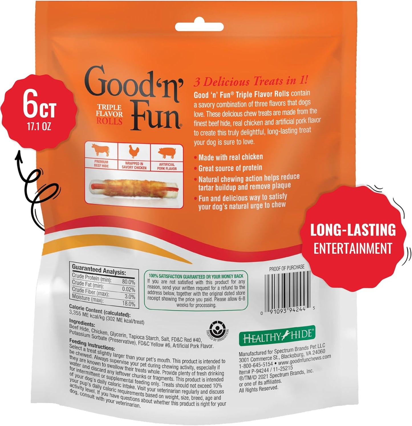 Good n Fun Triple Flavor Rolls for Large Dogs, Treat Your Dog to Long-Lasting Chews Made with Real Beef Hide and Chicken, 6 Count