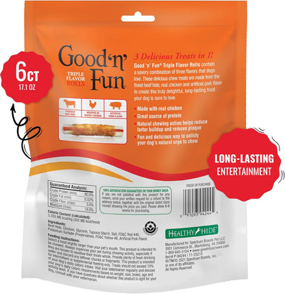 Good n Fun Triple Flavor Rolls for Large Dogs, Treat Your Dog to Long-Lasting Chews Made with Real Beef Hide and Chicken, 6 Count