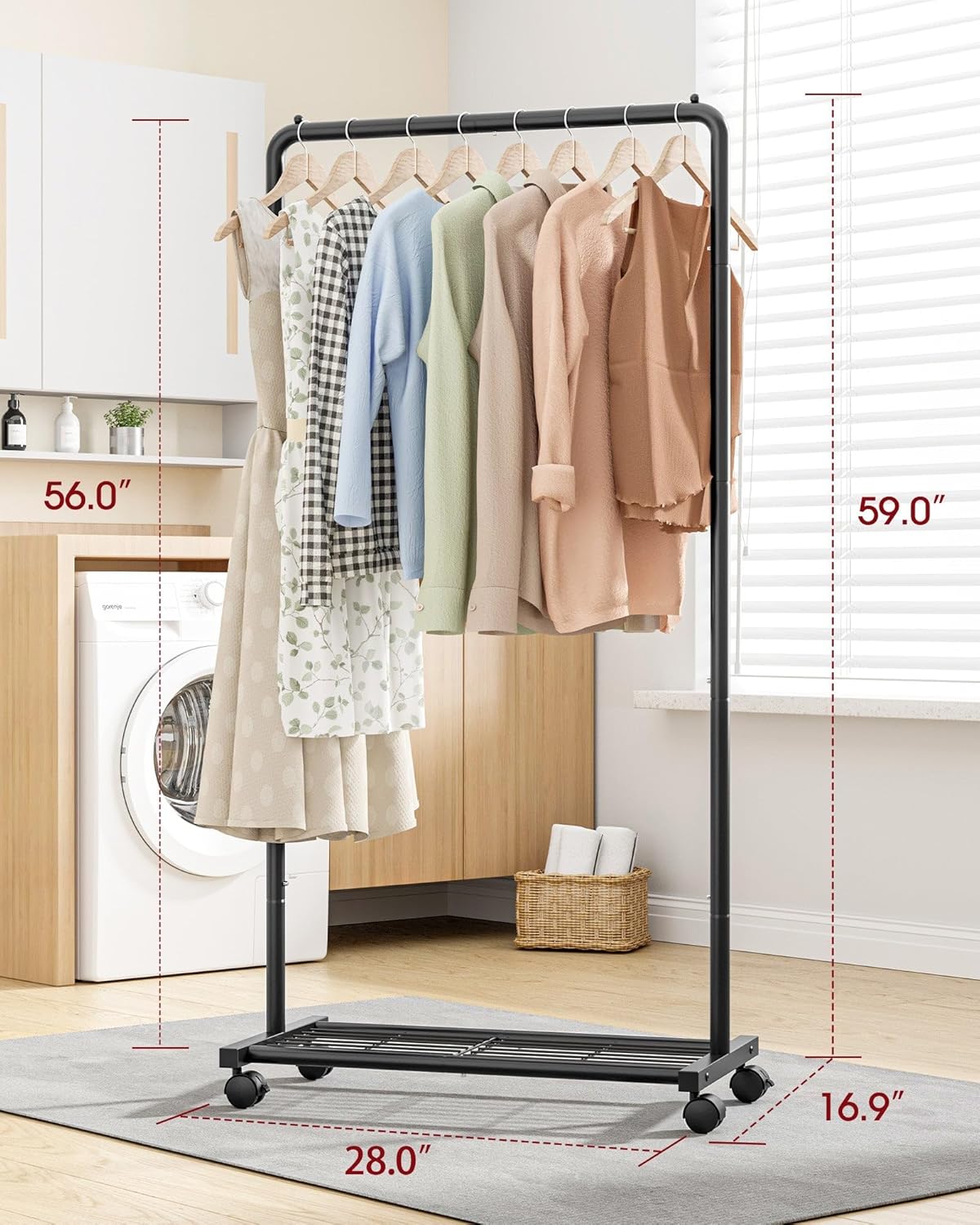 Sakugi Clothes Rack - Clothing Rack with Storage Mesh Shelf & Casters, Heavy-Duty Metal Clothing Rack for Hanging Clothes, Dresses