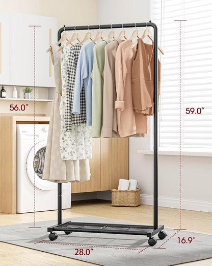 Sakugi Clothes Rack - Clothing Rack with Storage Mesh Shelf & Casters, Heavy-Duty Metal Clothing Rack for Hanging Clothes, Dresses