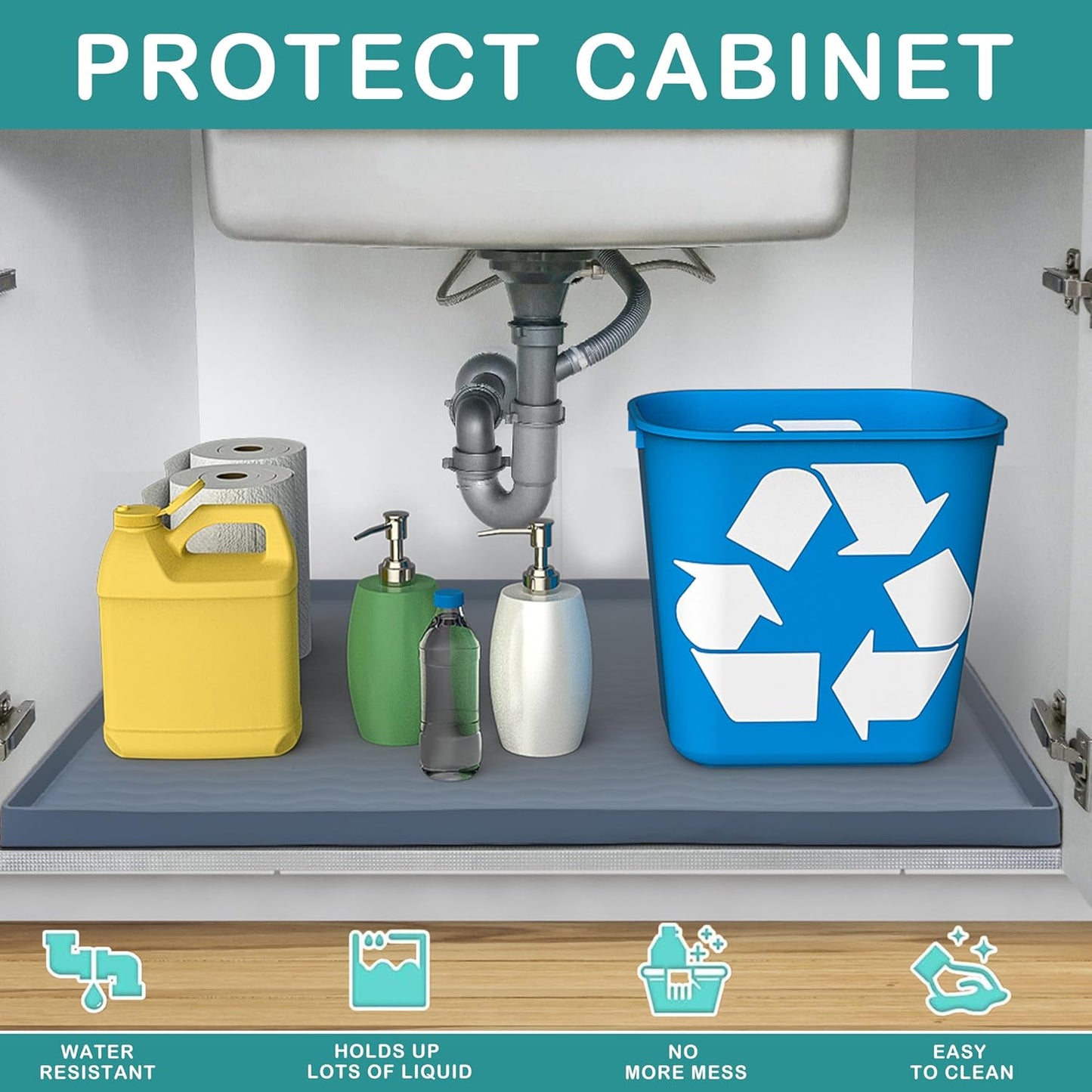 URMONA Waterproof Silicone Under Sink Mat 31'' x 22'' Shelf Liner for Kitchen and Bathroom, Cabinet and Counter Protector, Storage and