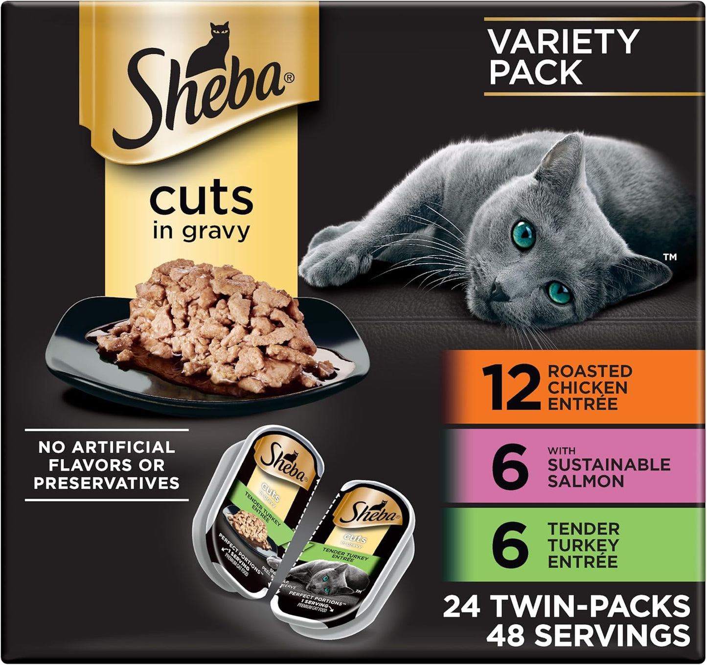 Sheba Perfect Portions Wet Cat Food Cuts in Gravy, Cat Food Wet Recipe, Roasted Chicken Entree, with Sustainable Salmon, Tender Turkey