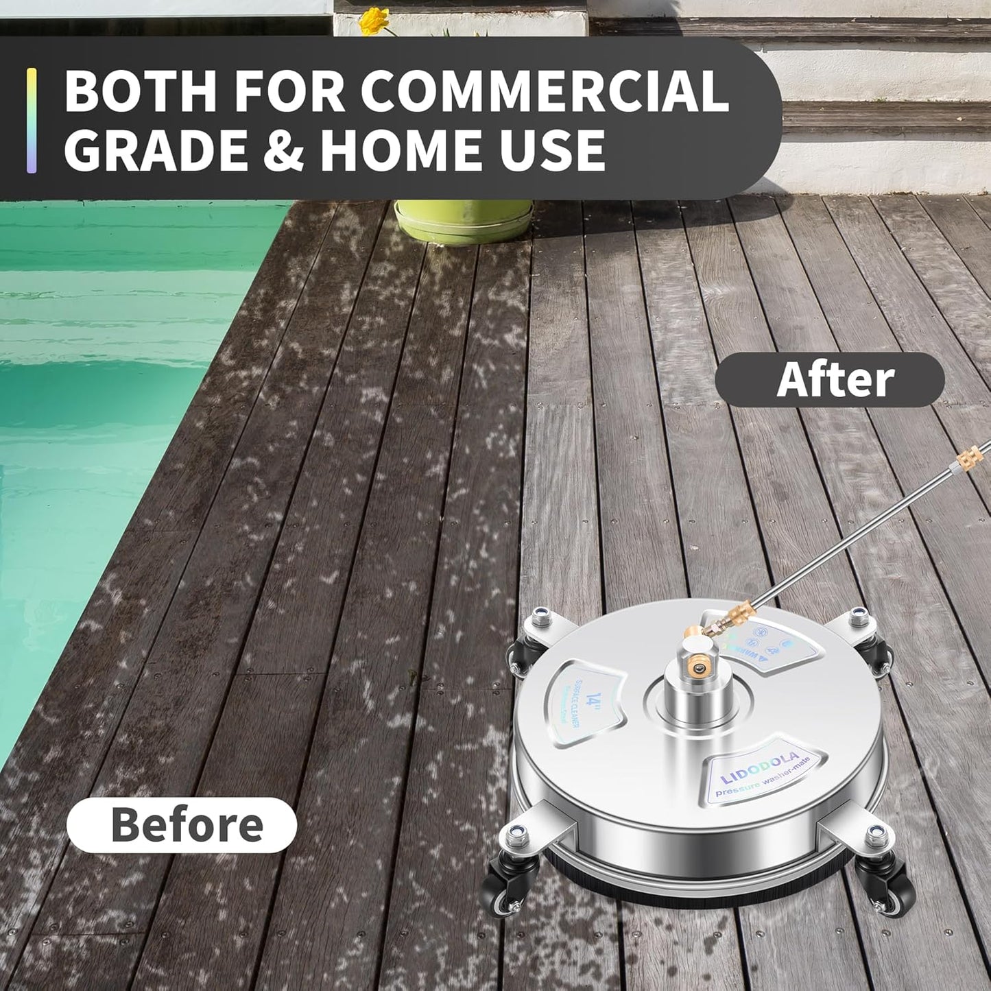 14" Pressure Washer Surface Cleaner with 4 Wheels - Stainless Steel Surface Cleaner for Pressure Washer Attachment for Concrete, Patio