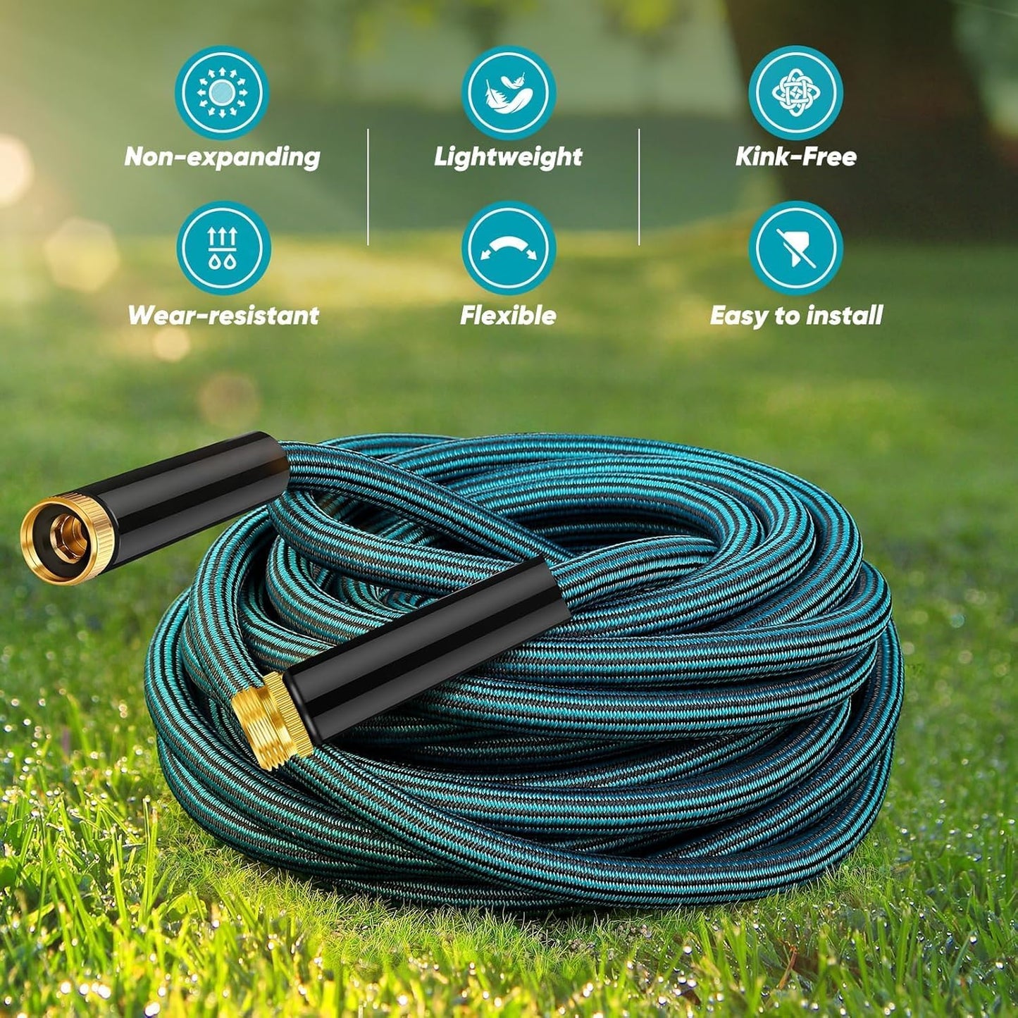 Garden Hose 50ft, Non-Expanding Water Hose Ultra Lightweight, Kink-Free, Sturdy, Flexible, Abrasion Resistant Hose for Yard, Lawn
